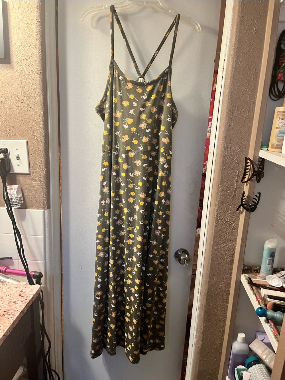 Pact Olive Green Floral MIDI Dress with Yellow & Cream Blooms